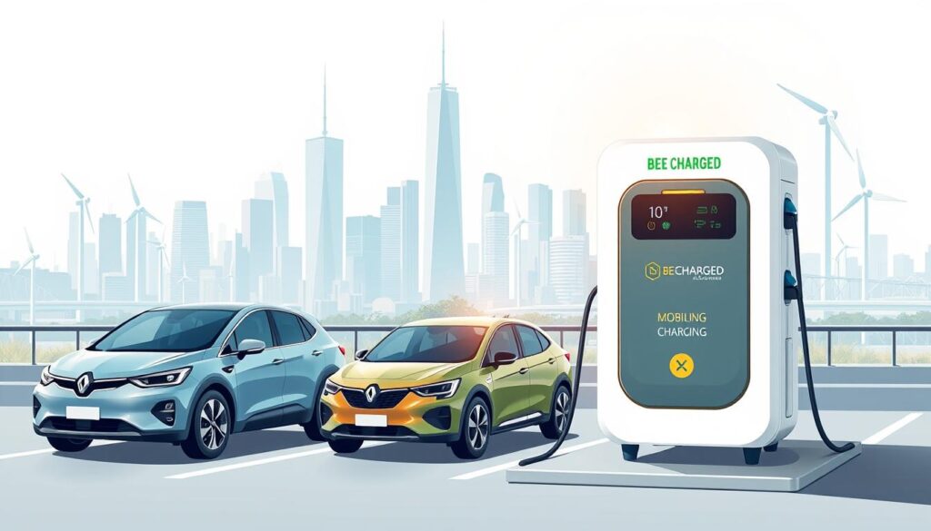 Detailed illustration showcasing the benefits of a Charging-as-a-Service model for electric vehicle fleets. In the foreground, the "BEE CHARGED EV MOBILE CHARGING" service is prominently displayed, with a sleek, modern design and vibrant branding. The middle ground depicts electric vehicles of various sizes being charged efficiently, highlighting the convenience and scalability of the CaaS solution. In the background, a city skyline with skyscrapers and renewable energy infrastructure sets the urban, forward-thinking tone. The lighting is soft and directional, creating depth and emphasizing the technological innovations. The overall composition conveys the advantages of the CaaS model, such as cost-effectiveness, hassle-free operations, and environmental sustainability for company fleets.