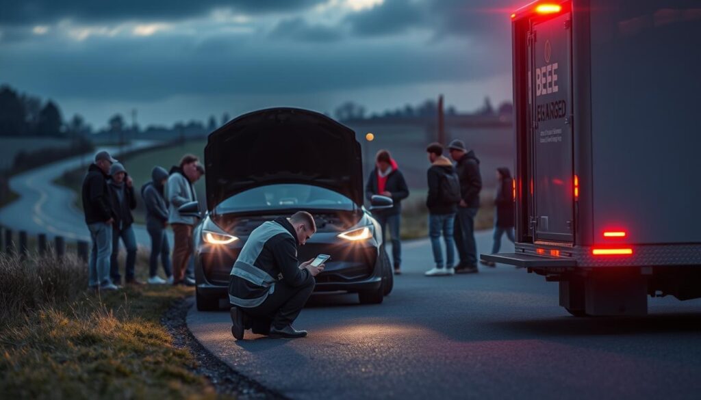 Detailed roadside assistance scene featuring a BEE CHARGED EV MOBILE CHARGING truck arriving to aid a stranded electric vehicle. The middle ground shows the EV with its hood up, surrounded by concerned pedestrians. In the foreground, the BEE CHARGED technician is kneeling next to the vehicle, using diagnostic tools to assess the battery issue. The background depicts a winding country road at dusk, with moody lighting and atmospheric details like lamp posts and distant trees. The overall mood is one of urgency and active problem-solving, capturing the tension of a roadside emergency but also the reliable, professional service of the BEE CHARGED mobile charging unit.