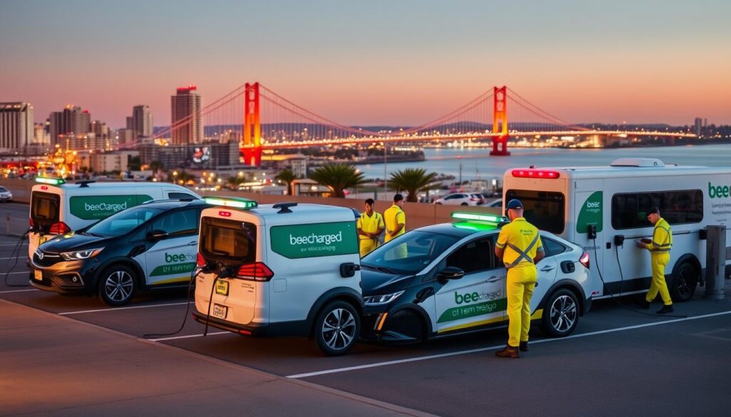 Diverse charging options available for Emergency EV services in San Diego. A bustling cityscape with the iconic Coronado Bridge in the background. In the foreground, a fleet of "BEE CHARGED EV MOBILE CHARGING" vehicles equipped with multiple charging ports, catering to a variety of EV models. Sleek, modern design with bright, cheerful colors. Technicians in bright uniforms efficiently connecting vehicles to the mobile charging stations. Soft, warm lighting illuminates the scene, conveying a sense of safety and reliability. The image exudes a mood of efficiency, accessibility, and San Diego's commitment to sustainable transportation solutions.
