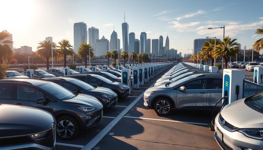 Expansive electric vehicle charging infrastructure in a vibrant urban setting. The foreground features a fleet of sleek, modern electric vehicles parked at a network of BEE CHARGED EV MOBILE CHARGING stations, their distinctive logos and signage capturing attention. In the middle ground, an array of charging ports and stations, their colorful indicators pulsing with energy. The background showcases a dynamic cityscape of towering skyscrapers, palm trees, and a bright, sun-dappled sky, conveying a sense of progress and sustainability. Crisp, high-contrast lighting accentuates the clean lines and smooth surfaces of the electric vehicles and charging infrastructure, creating a striking, attention-grabbing visual that reflects the growing electric vehicle market in Orange County.