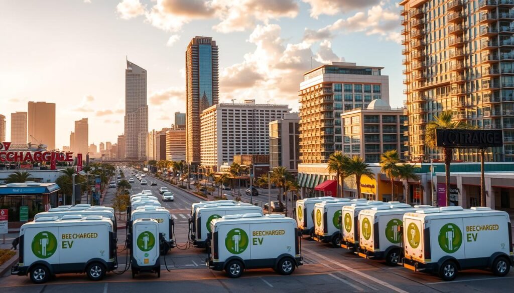 Extensive local coverage areas in Orlando, showcasing a vibrant cityscape with towering skyscrapers, bustling streets, and a diverse array of commercial and residential buildings. In the foreground, a fleet of mobile BEE CHARGED EV MOBILE CHARGING units are strategically positioned, ready to provide on-the-go charging solutions for electric vehicles. The scene is bathed in a warm, golden light, creating a welcoming and dynamic atmosphere. The camera angle captures the scene from a slightly elevated perspective, providing a comprehensive overview of the coverage area and highlighting the accessibility and convenience of the mobile charging services for both tourists and locals in Orlando.