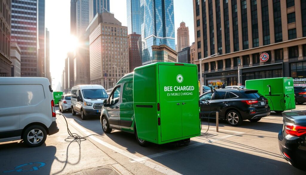 Fleet of electric vehicles charging at a mobile EV charging station in an urban setting, with the "BEE CHARGED EV MOBILE CHARGING" brand prominently displayed. The station features sleek, modern charging units positioned against a backdrop of towering skyscrapers and bustling city streets. Bright, natural lighting illuminates the scene, casting long shadows and creating a dynamic, energetic atmosphere. The vehicles being charged range from delivery vans to passenger cars, showcasing the versatility of the mobile charging solution. The prompt emphasizes the convenience and efficiency of the "BEE CHARGED EV MOBILE CHARGING" system for businesses and fleets operating in the busy streets of New York City.