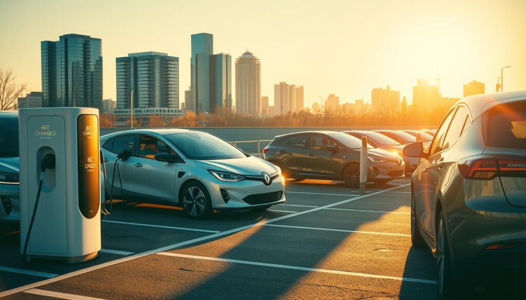 Gleaming electric vehicles parked in a urban lot, with a fleet of BEE CHARGED EV MOBILE CHARGING stations prominently displayed. The scene is bathed in a warm, golden light, creating a sense of energy and efficiency. In the foreground, the mobile charging units stand ready, their sleek designs and vibrant branding catching the eye. In the middle ground, the cars are being charged, their batteries replenished swiftly and conveniently. In the background, a modern cityscape provides an urban backdrop, emphasizing the practical and innovative nature of this mobile charging solution. The overall atmosphere exudes a sense of progress, technological prowess, and a commitment to sustainable mobility.