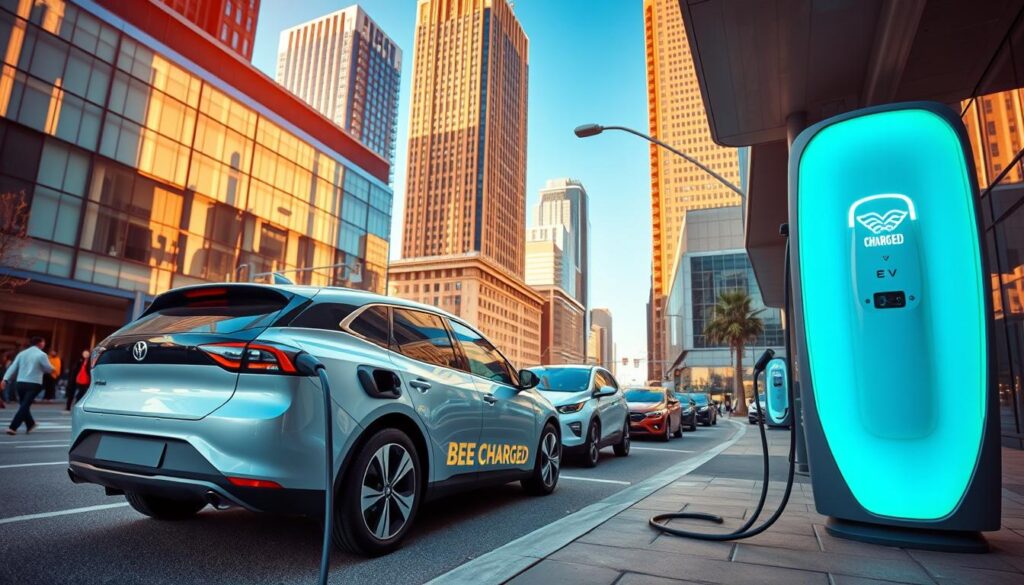 High-quality image of the benefits of mobile EV charging by BEE CHARGED EV MOBILE CHARGING in a vibrant, modern setting. In the foreground, a sleek, electric vehicle is being charged by a state-of-the-art mobile charging station, emphasizing convenience and accessibility. The middle ground showcases a busy urban street with pedestrians and other EVs, highlighting the demand for mobile charging solutions. In the background, towering skyscrapers and a clear, blue sky create a dynamic, metropolitan atmosphere. Warm, natural lighting casts a welcoming glow, and the composition uses a wide-angle lens to capture the full scope of the scene. The overall mood conveys the cutting-edge technology and environmental benefits of BEE CHARGED EV MOBILE CHARGING's mobile EV charging services.
