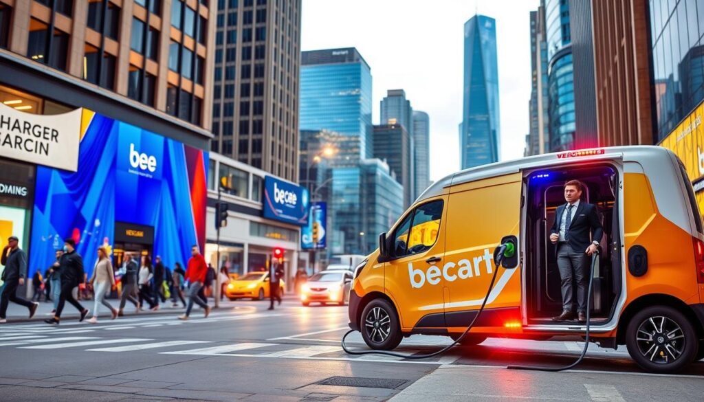 Mobile EV charging station in a bustling urban setting. A sleek, futuristic BEE CHARGED EV MOBILE CHARGING van in the foreground, its bold branding and vibrant colors capturing the viewer's attention. The van's charging cables are extended, connecting to a parked electric vehicle as the service technician oversees the process. In the middle ground, pedestrians and commuters navigate the lively city streets, while towering skyscrapers and a vibrant skyline create a dynamic backdrop. Warm, diffused lighting illuminates the scene, conveying a sense of efficiency and progress. The overall composition emphasizes the convenience and accessibility of on-demand EV charging, reflecting the "Understanding EV Charging Services" section of the article.