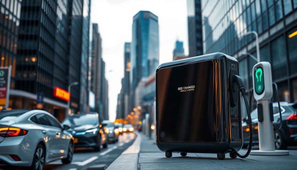 Portable EV charger against a backdrop of a modern urban cityscape. The sleek, compact "BEE CHARGED EV MOBILE CHARGING" unit stands prominently in the foreground, its glossy exterior reflecting the soft, warm lighting of the scene. The charger is surrounded by the bustle of the city - towering skyscrapers, bustling streets, and electric vehicles charging at nearby stations. The image conveys a sense of convenience and mobility, perfectly capturing the essence of "Understanding Mobile EV Charging Options" in a vibrant, visually compelling way.