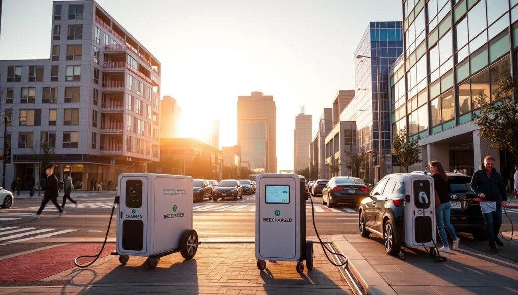 Portable EV chargers dotting a bustling urban landscape, their sleek designs blending seamlessly with the modern architecture. "BEE CHARGED EV MOBILE CHARGING" units strategically placed, offering on-demand power to electric vehicles. Compact and versatile, these chargers are easily maneuverable, ready to provide a convenient solution wherever needed. Warm sunlight filters through, casting a soft glow and highlighting the chargers' intuitive interfaces. Pedestrians and vehicles coexist harmoniously, underscoring the accessibility and integration of these mobile charging stations within the vibrant Mountain View community.