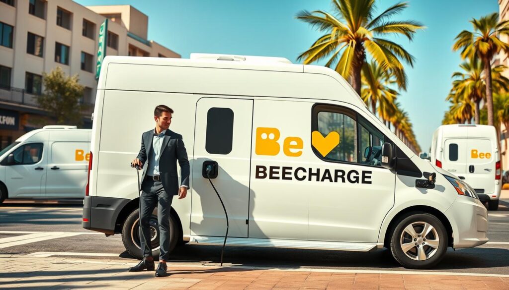 Pristine white BEE CHARGED EV MOBILE CHARGING van parked on a sun-drenched urban street. The sleek, modern vehicle features bold branding and a prominent charging port. In the foreground, a well-dressed individual plugs their electric vehicle into the mobile charger, exuding a sense of convenience and effortless mobility. The middle ground reveals other BEE CHARGED vans scattered throughout the neighborhood, servicing a variety of EVs. The background showcases a vibrant, pedestrian-friendly city scene, with palm trees swaying gently in the warm California breeze, creating an inviting and eco-friendly atmosphere.