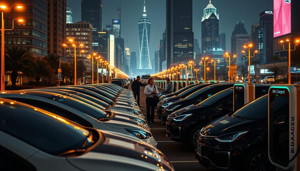 Prompt A bustling urban landscape, illuminated by the warm glow of streetlights. In the foreground, a fleet of sleek, modern electric vehicles are parked, their charging ports connected to a series of BEE CHARGED EV MOBILE CHARGING stations. The stations feature a bold, eye-catching design with the brand name prominently displayed. In the middle ground, employees diligently oversee the charging process, ensuring a smooth and efficient experience for the fleet. The background is dotted with towering skyscrapers and the faint silhouettes of pedestrians, creating a sense of a thriving, eco-conscious business district. The scene is captured with a cinematic, wide-angle lens, emphasizing the scale and grandeur of the fleet EV charging solution.