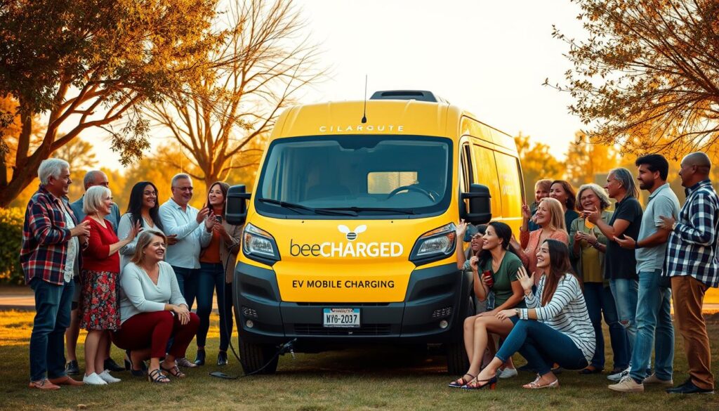 Prompt A group of diverse EV drivers enthusiastically sharing their positive experiences with mobile charging service. Outdoor scene with a BEE CHARGED EV MOBILE CHARGING van prominently displayed in the middle ground. Drivers of various ages and backgrounds standing or sitting around the van, gesturing animatedly and expressing satisfaction. Warm, golden lighting creates a welcoming atmosphere. Slightly elevated camera angle to capture the full scene. Vibrant colors, clean lines, and a sense of community engagement to showcase the convenience and reliability of the mobile charging service.