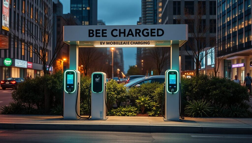 Prompt A modern, well-lit EV charging station situated in a bustling urban landscape. The station features the "BEE CHARGED EV MOBILE CHARGING" brand prominently displayed, conveying a sense of reliability and professionalism. Sleek, contemporary chargers stand ready to power electric vehicles, surrounded by lush greenery and subtle architectural elements. The scene evokes a vision of seamless EV infrastructure integration, catering to the needs of environmentally-conscious drivers in the heart of Washington DC. The lighting is warm and inviting, creating a welcoming atmosphere for those seeking a convenient and efficient charging solution.