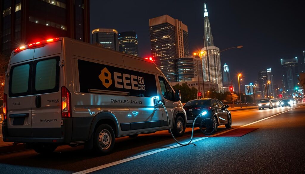 Prompt A vibrant nighttime scene of an emergency mobile EV charging station operated by the "BEE CHARGED EV MOBILE CHARGING" brand. The foreground features a sleek, high-tech charging van with its emergency lights flashing, ready to provide on-site power to stranded electric vehicles. The middle ground showcases the van's charging cable extended to an EV parked nearby, casting a soft glow. In the background, a bustling urban landscape with skyscrapers and street lights creates a dynamic, city atmosphere. The lighting is dramatic, with warm tones and shadows that convey a sense of urgency and the need for reliable, around-the-clock EV charging services. The overall scene is visually striking, capturing the essence of emergency EV charging in the heart of Silicon Valley.