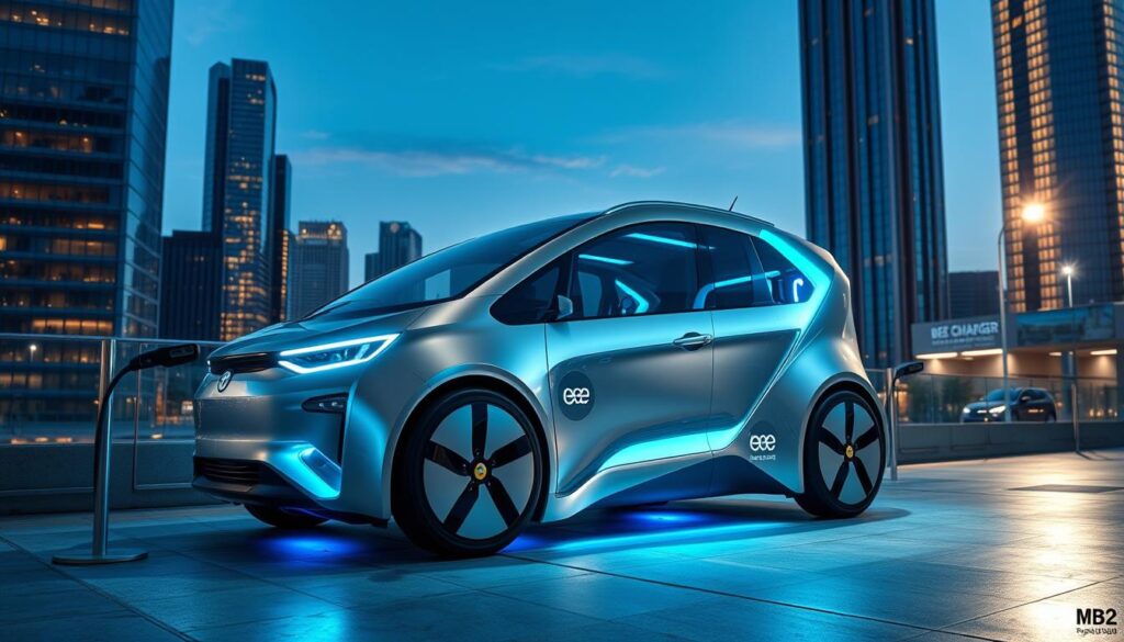 Sleek and advanced BEE CHARGED EV MOBILE CHARGING station, a vision of the future. Gleaming metallic surfaces, smooth contours, and vibrant LED lighting create an eye-catching display. The station is positioned against a backdrop of a modern, urban cityscape, with skyscrapers and a clear blue sky. Soft, diffused lighting illuminates the scene, casting subtle shadows and highlighting the intricate details of the charging technology. The composition emphasizes the station's futuristic design, inviting the viewer to imagine the convenience and cutting-edge capabilities of this innovative mobile charging solution.