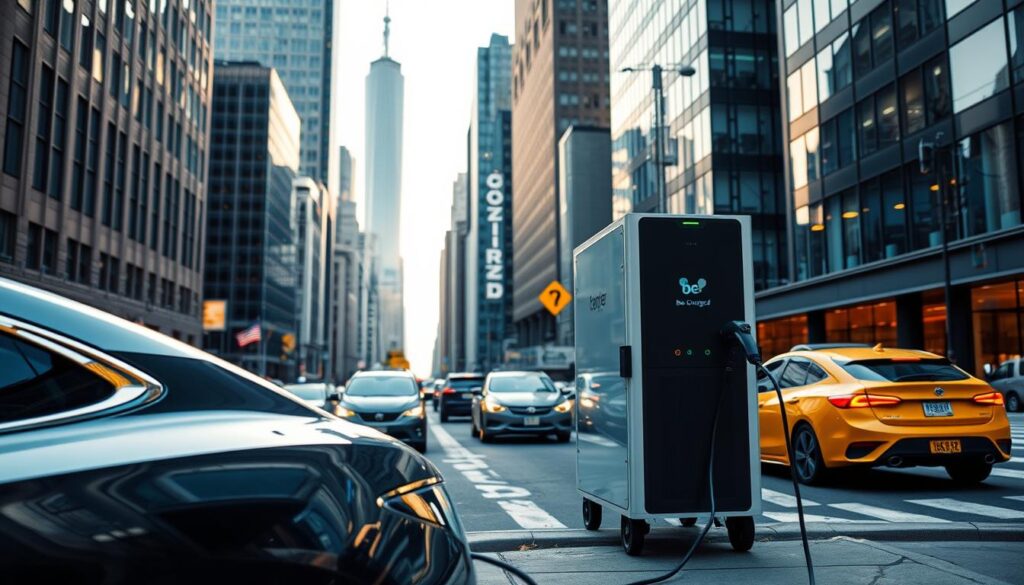 Sleek and efficient "Bee Charged EV Mobile Charging" station set against a modern cityscape. In the foreground, a gleaming electric vehicle is plugged into the station's streamlined charging port, bathed in soft, warm lighting. The middle ground features the modular, compact "Bee Charged" unit, its bold branding and intuitive interface prominently displayed. In the background, the bustling streets of Manhattan provide an urban backdrop, skyscrapers and traffic creating a dynamic, energetic atmosphere. The scene conveys a vision of convenient, on-the-go electric vehicle charging, seamlessly integrated into the fabric of the city.