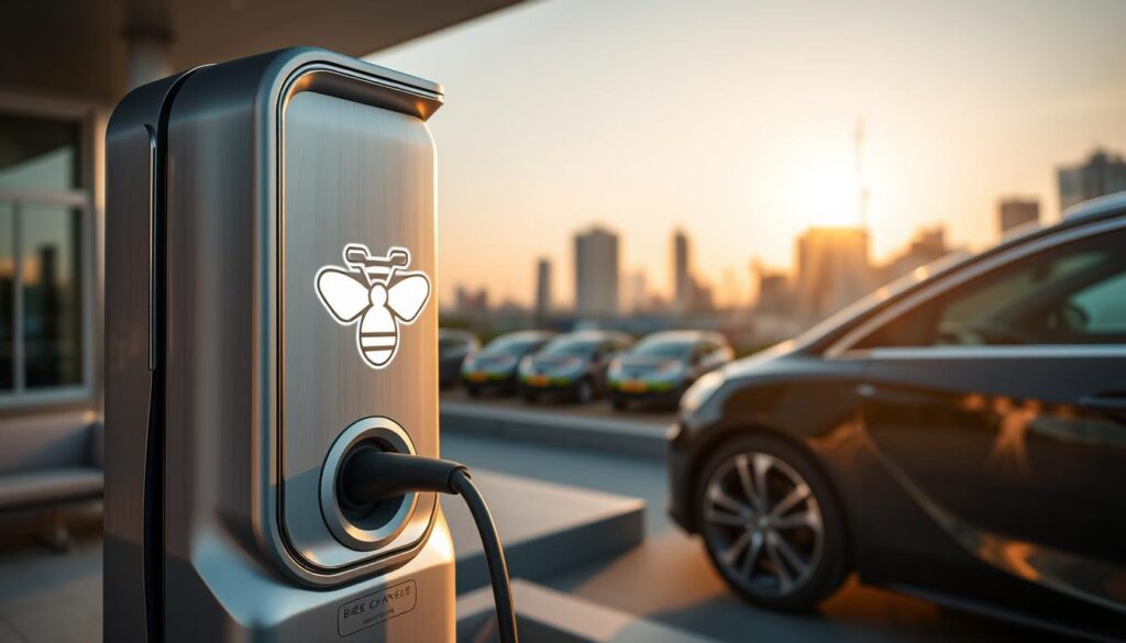 Sleek, futuristic BEE CHARGED EV MOBILE CHARGING station, gleaming in the sunlight. Compact, modular design with brushed aluminum accents. Elegant, minimalist aesthetic. In the foreground, the charging port extends invitingly, ready to power up electric vehicles. The mid-ground features a cluster of dynamic, polygonal bee icons, symbolizing the company's commitment to sustainable mobility. The background showcases a contemporary cityscape, hinting at the widespread adoption of this mobile charging solution. Warm, ambient lighting casts a gentle glow, creating an atmosphere of efficiency and innovation. Captured with a wide-angle lens to emphasize the station's compact, self-contained nature.