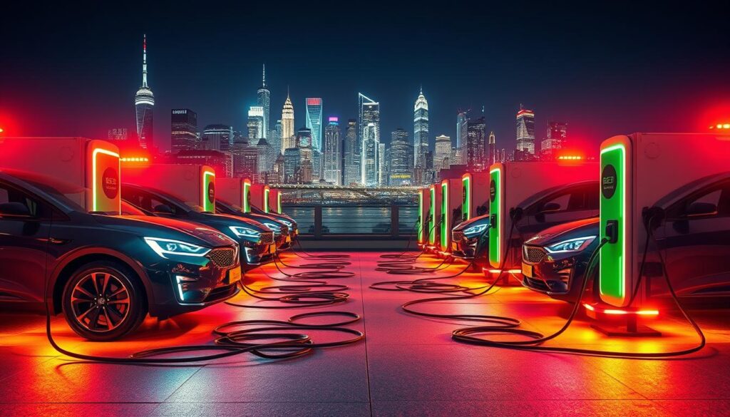 Sleek, modern electric vehicles charging rapidly from an emergency fleet of BEE CHARGED EV MOBILE CHARGING vehicles. The scene is bathed in vibrant, warm lighting, creating a sense of urgency and efficiency. The chargers are arranged in a dynamic, eye-catching layout, with cables snaking across the ground. In the background, a bustling city skyline sets the urban context. The overall impression conveys the advantages of this mobile charging solution - its ability to provide immediate, reliable power to EVs in need, supporting the transition to sustainable transportation.