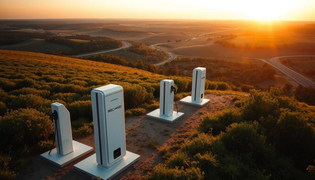 Sprawling Mississippi landscape, the sun's warm glow casting a gentle hue over a network of sleek, modern "BEE CHARGED EV MOBILE CHARGING" stations. Gleaming white structures, their streamlined designs blending seamlessly into the lush, verdant surroundings. Charging cables snake across the ground, ready to power the next generation of eco-friendly vehicles. In the distance, rolling hills and winding roads create a picturesque backdrop, hinting at the state's vast, untapped potential for sustainable transportation. The scene radiates a sense of progress and innovation, inviting drivers to experience the convenience and reliability of mobile EV charging in Mississippi.