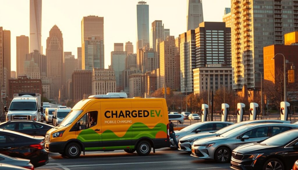 Sprawling cityscape of New York, NY, with towering skyscrapers in the background. In the foreground, a "BEE CHARGED EV MOBILE CHARGING" van parked on a bustling street, its vibrant branding catching the eye. Surrounding the van, a mix of conventional gasoline-powered vehicles and electric cars, highlighting the contrast between traditional and emerging mobility solutions. The scene conveys the environmental impact of charging, with the mobile van providing a practical, on-the-go charging option, while the fixed charging stations in the distance suggest the need for a comprehensive infrastructure to support the growing EV market. Warm, golden lighting illuminates the scene, creating a sense of dynamism and progress. The image showcases the coexistence of mobile and fixed charging solutions, reflecting the subject of the article and the section title.
