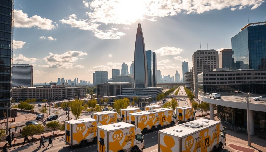Sprawling cityscapes dotted with sleek, modern buildings and bustling streets. In the foreground, a fleet of BEE CHARGED EV MOBILE CHARGING stations, their vibrant branding and charging docks standing out against the urban backdrop. Overhead, a sun-dappled sky casts a warm glow, illuminating the dynamic scene. Pedestrians and electric vehicles flow seamlessly through the landscape, showcasing the city's commitment to sustainable infrastructure. In the distance, towering skyscrapers and transportation hubs hint at the scale of the city's ongoing development, creating a sense of progress and innovation. The image captures the intersection of cutting-edge technology and forward-thinking urban planning, setting the stage for the article's exploration of mobile EV charging in Atlanta, GA.