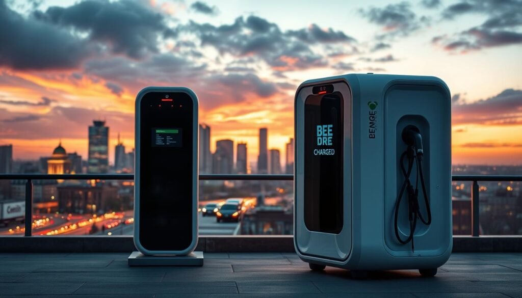 Stunning mobile EV charging station with bold "BEE CHARGED EV MOBILE CHARGING" branding, set against a vibrant urban backdrop. Sleek, modern design with a large charging interface and integrated storage for cables and adapters. The station is positioned in the foreground, with a bustling city skyline in the middle ground and a dramatically lit sky in the background, conveying a sense of innovation and forward-thinking technology. Warm lighting illuminates the charging station, creating an inviting and futuristic atmosphere. The scene exudes a mood of progress, efficiency, and the seamless integration of electric vehicles into the urban landscape.