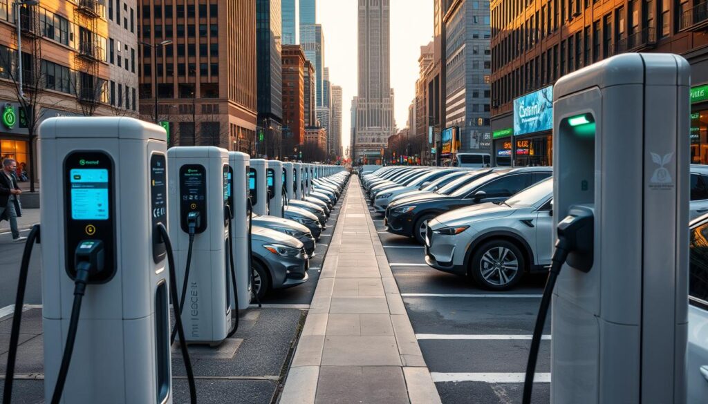 Ultramodern BEE CHARGED EV MOBILE CHARGING stations dotting the bustling streets of New Jersey, a testament to the state's embrace of electric mobility. In the foreground, sleek charging units stand ready, their vibrant LED displays beckoning passersby. The middle ground reveals a diverse array of electric vehicles, from compact sedans to spacious SUVs, all lined up to recharge their batteries. In the background, the urban landscape unfolds, with towering skyscrapers and bustling pedestrians, creating a dynamic and forward-looking scene. Warm, diffused lighting casts a welcoming glow, complemented by the soft reflections on the smooth, polished surfaces of the charging stations. This image captures the rising prominence of electric vehicles in New Jersey, showcasing the state's commitment to a sustainable transportation future.
