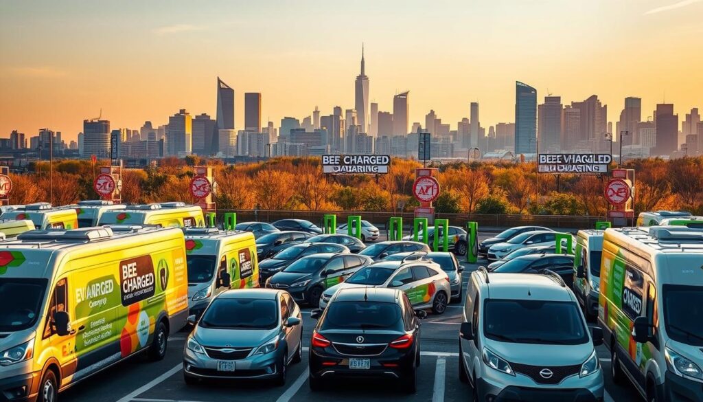 Vibrant 24/7 EV charging service, a bustling hub of activity. In the foreground, a fleet of BEE CHARGED EV MOBILE CHARGING vans stand ready, their sleek designs and bold branding commanding attention. The middle ground showcases a diverse array of electric vehicles, their batteries being juiced up by the efficient charging stations. Bathed in warm, golden lighting, the scene exudes a sense of reliability and convenience. In the background, a city skyline provides a dynamic backdrop, underscoring the seamless integration of this service into the urban landscape. The overall atmosphere is one of hustle and reliability, catering to the needs of the ever-growing EV community.