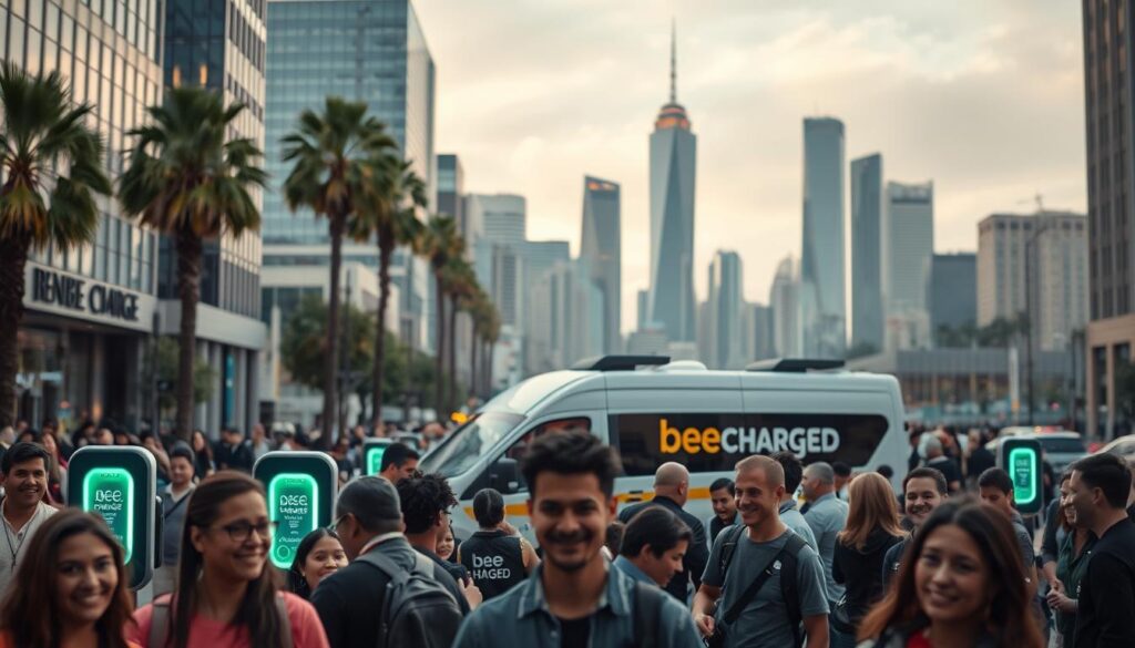 Vibrant urban scene of downtown Los Angeles, with a fleet of BEE CHARGED EV MOBILE CHARGING stations providing convenient mobile charging services to a diverse crowd of satisfied customers. The foreground showcases a group of people happily using the charging stations, their faces lit by the warm glow of the technology. In the middle ground, a sleek, modern BEE CHARGED van is prominently displayed, its branding and signage catching the eye. The background features the iconic skyline of LA, with skyscrapers and palm trees creating a dynamic, cosmopolitan atmosphere. Soft, diffused lighting bathes the entire scene, evoking a sense of comfort and reliability. The overall impression is one of a thriving, eco-conscious community embracing the future of mobile charging.