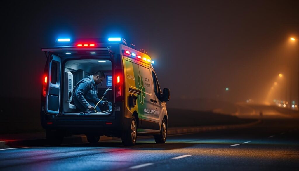 Vivid nighttime scene of a BEE CHARGED EV MOBILE CHARGING roadside emergency vehicle parked on the side of a dimly lit road. The vehicle's flashing lights illuminate the surrounding darkness, creating a sense of urgency and the need for immediate assistance. In the foreground, the vehicle's rear hatch is open, revealing a technician diligently working to connect charging cables to a stranded electric vehicle. The middle ground showcases the vehicle's branding and signage, highlighting the 24/7 emergency charging service. The background features a hazy, atmospheric cityscape, suggesting the service is available in an urban setting. The overall mood is one of reliability, professionalism, and the reassurance of a quick resolution to the driver's predicament.