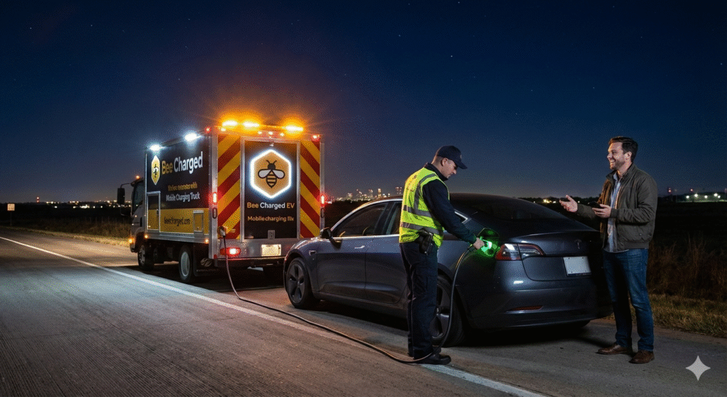 Bee Charged EV providing mobile EV charging at 2 AM midnight case study EV owner got happy from our emergency EV roadside assistance
