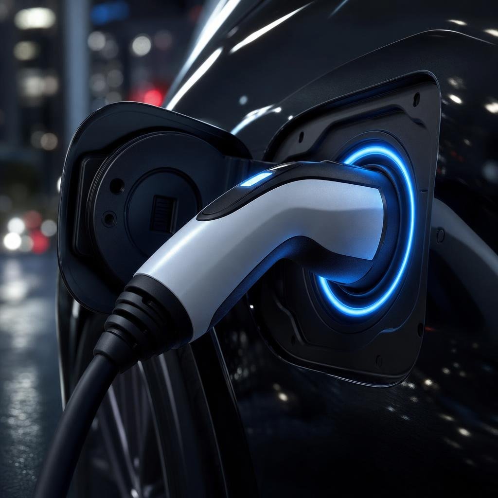 EV charging connector plugged into an electric vehicle charging port