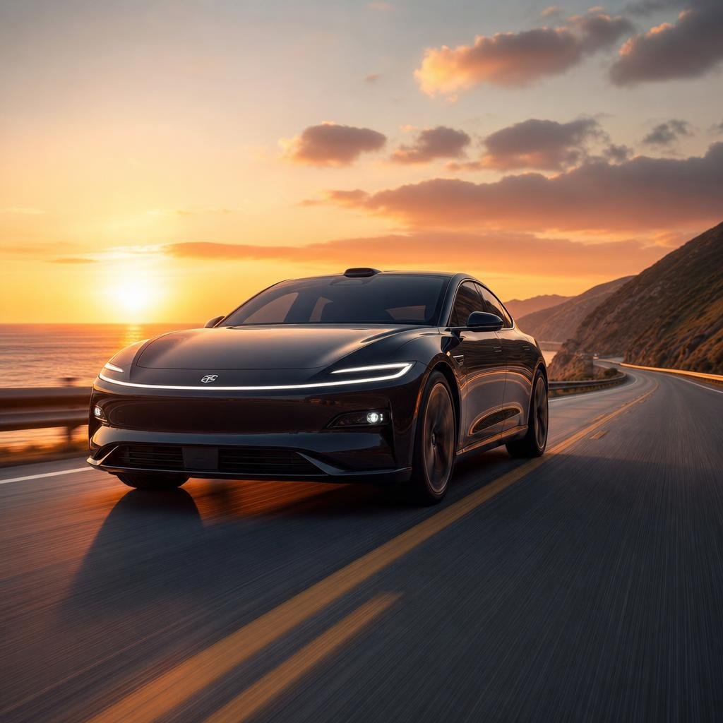 Electric vehicle driving on a coastal highway at sunset
