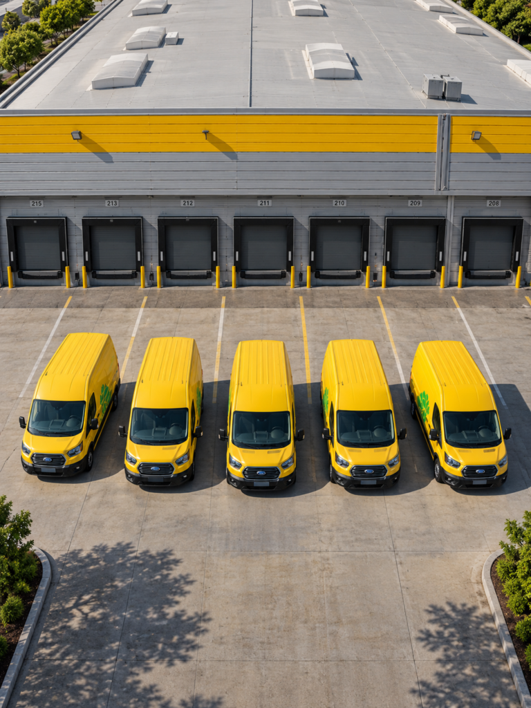 Yellow Delivery Vans at Industrial Depot ready for mobile charing